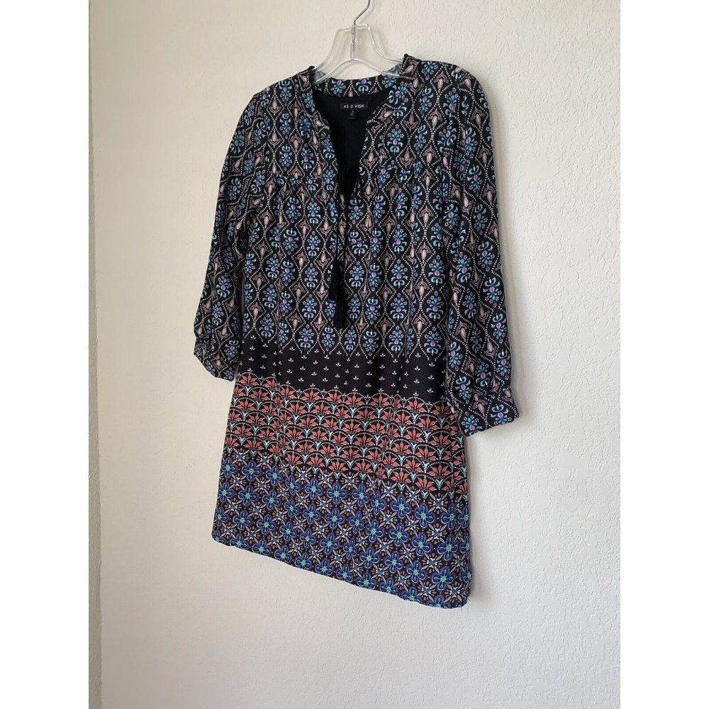 AS U WISH Black Floral Short Shift Dress Size Small BOHO Career Casual